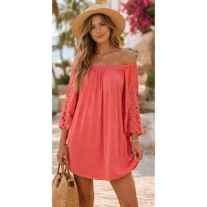 2B Together Lace Sleeve Coral Mini Dress Womens Size Medium Perfect Summer Dress